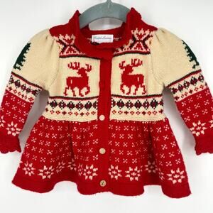 Ralph Lauren Baby Peplum Reindeer Fair Isle Christmas Sweater Cardigan 6‎ Months